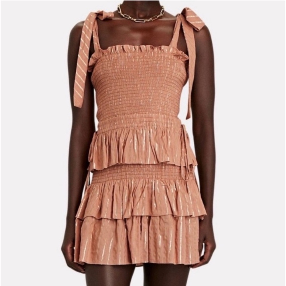 House of Harlow 1960 Dress Corinne Shirred Brown Ruffle Mini, Womens Size Large‎
